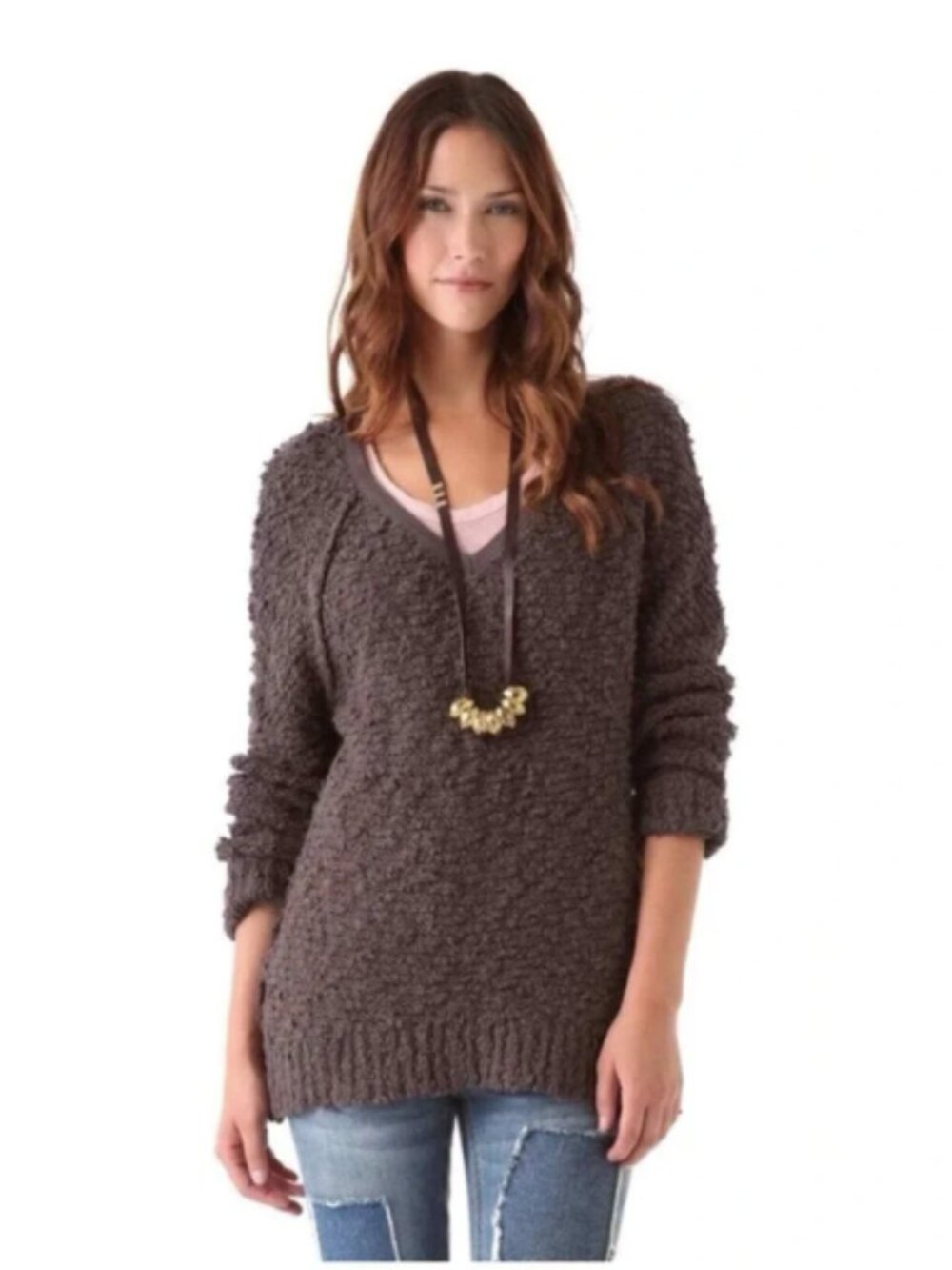 Free People Songbird Textured Knit Boucle V-Neck Brown Cotton Sweater
